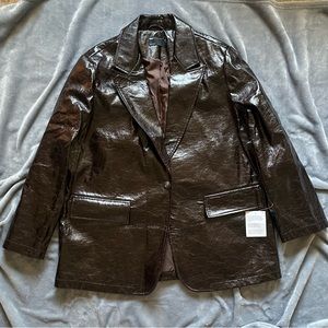 Womens 14 Shiny Faux Leather Brown Blazer NWT